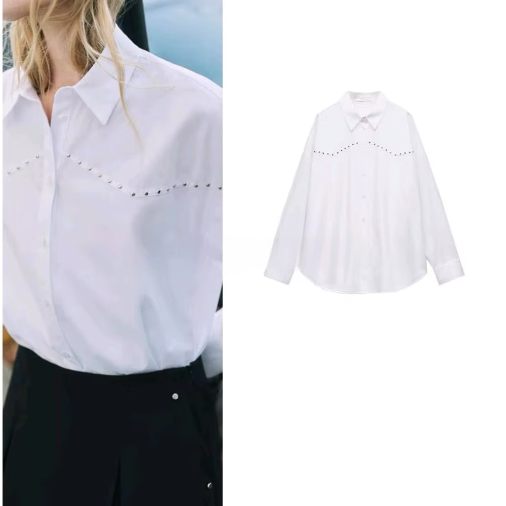 Zara Studded Western Poplin White Shirt in Small